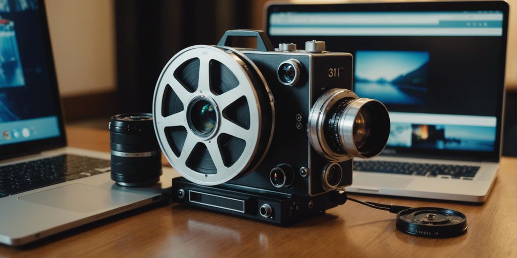 Vintage Super 8 film reel next to a digital camera and laptop, representing the process of digitizing old films.
