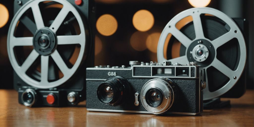 A Super 8 film reel beside a digital camera, representing the digitization of old films.