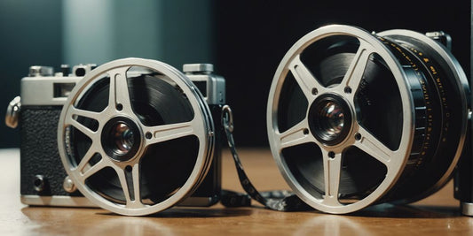 Vintage film reel next to a digital camera, representing the process of digitizing old film footage.
