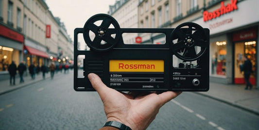 Person holding Super 8 film reel and digital storage device in front of Rossmann store.